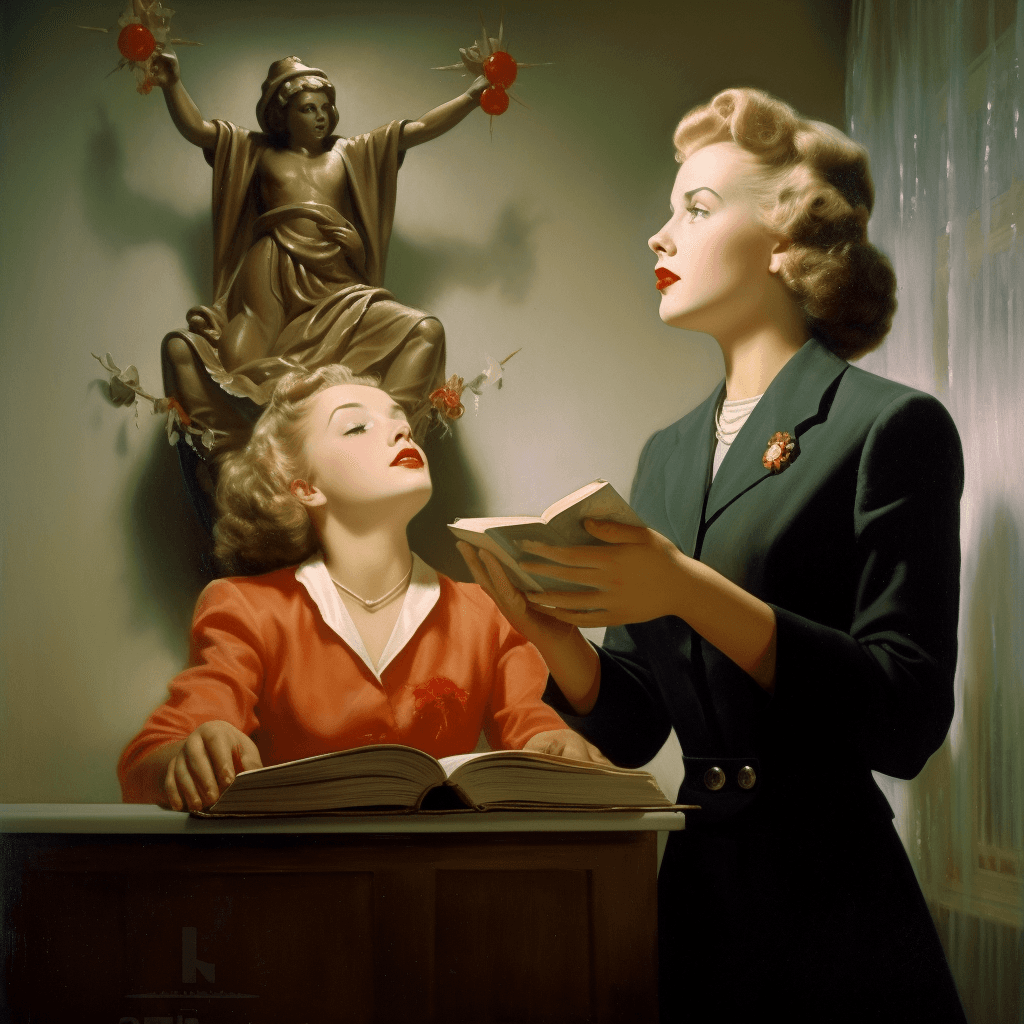 AI generated: woman prays to a false god, 1955