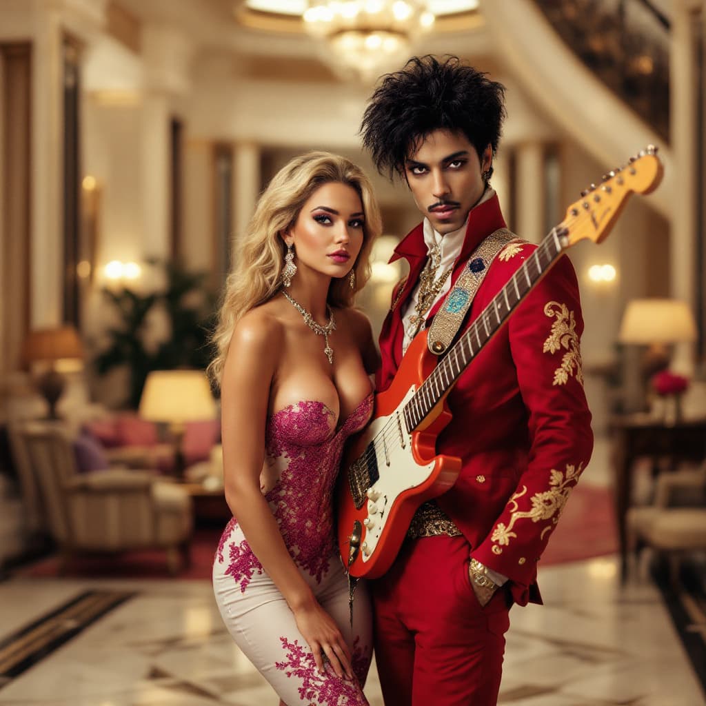 AI generated: Create a captivating image of the iconic musician Prince holding his guitar in the lobby of an elega...
