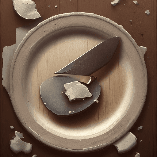 AI generated: a broken plate on a wooden table, a spork and a knife beside the plate, trending on artstation,t sym...