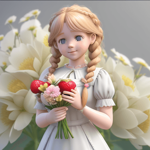 AI generated: A cute kind-hearted and nurturing young girl, with two braids strawberry blonde hair, grey shiny eye...