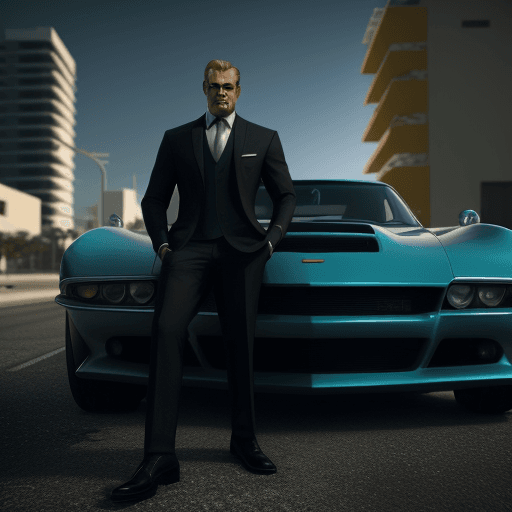 AI generated: A man in a cool suit taking photos with his car in gta6 style, ultra realistic , portre , 4k , color...