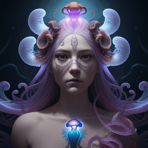 AI generated: Goddess close-up portrait ribcagel. jellyfish phoenix head, nautilus, orchid, skull, betta fish, bio...
