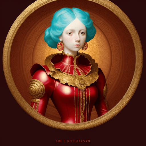 AI generated: a female in a red outfit standing, light cyan and gold, digitally manipulated images, spherical scul...