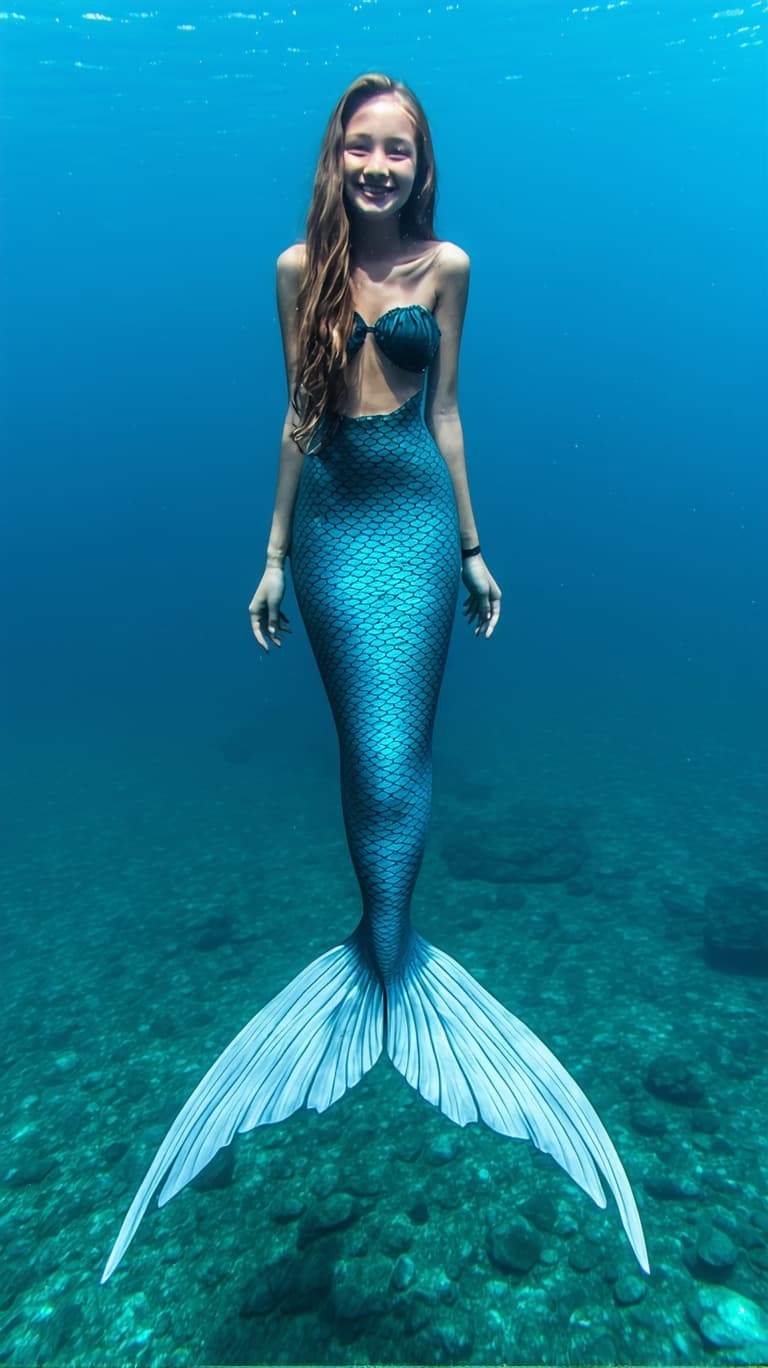 AI generated: A photorealistic image of a mermaid tween with a scaly fishtail and caudal fins, swimming in the oce...
