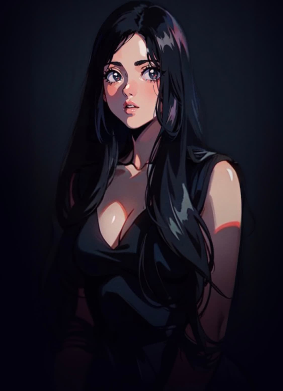 AI generated: 90'a style anime photo of a lovely female in a black dress, with long black hair, indoor, minimal li...