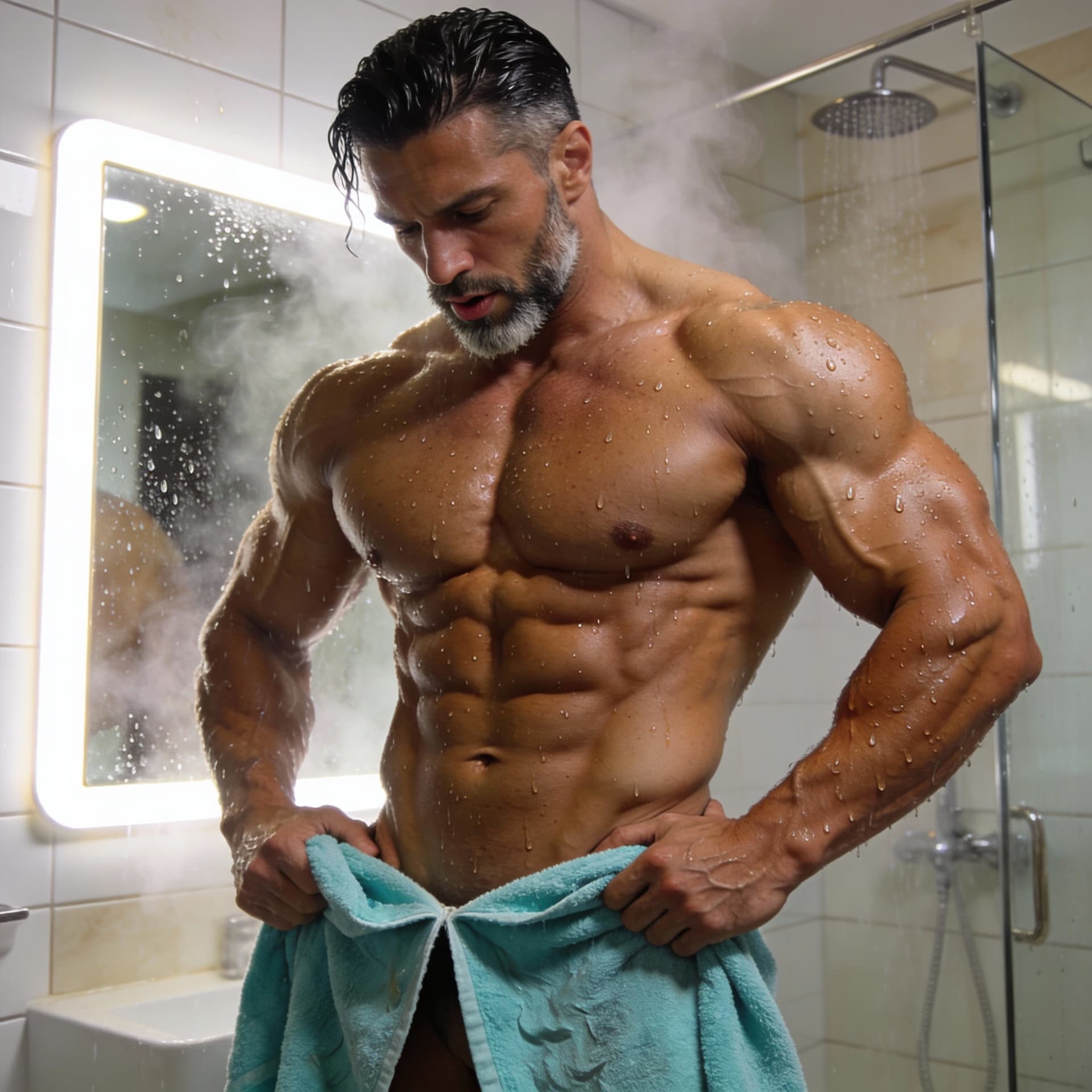 AI generated: Homme ultra-musclé d’environ 30-35 ans, physique bodybuilder pro très sec et défini, tout juste sort...