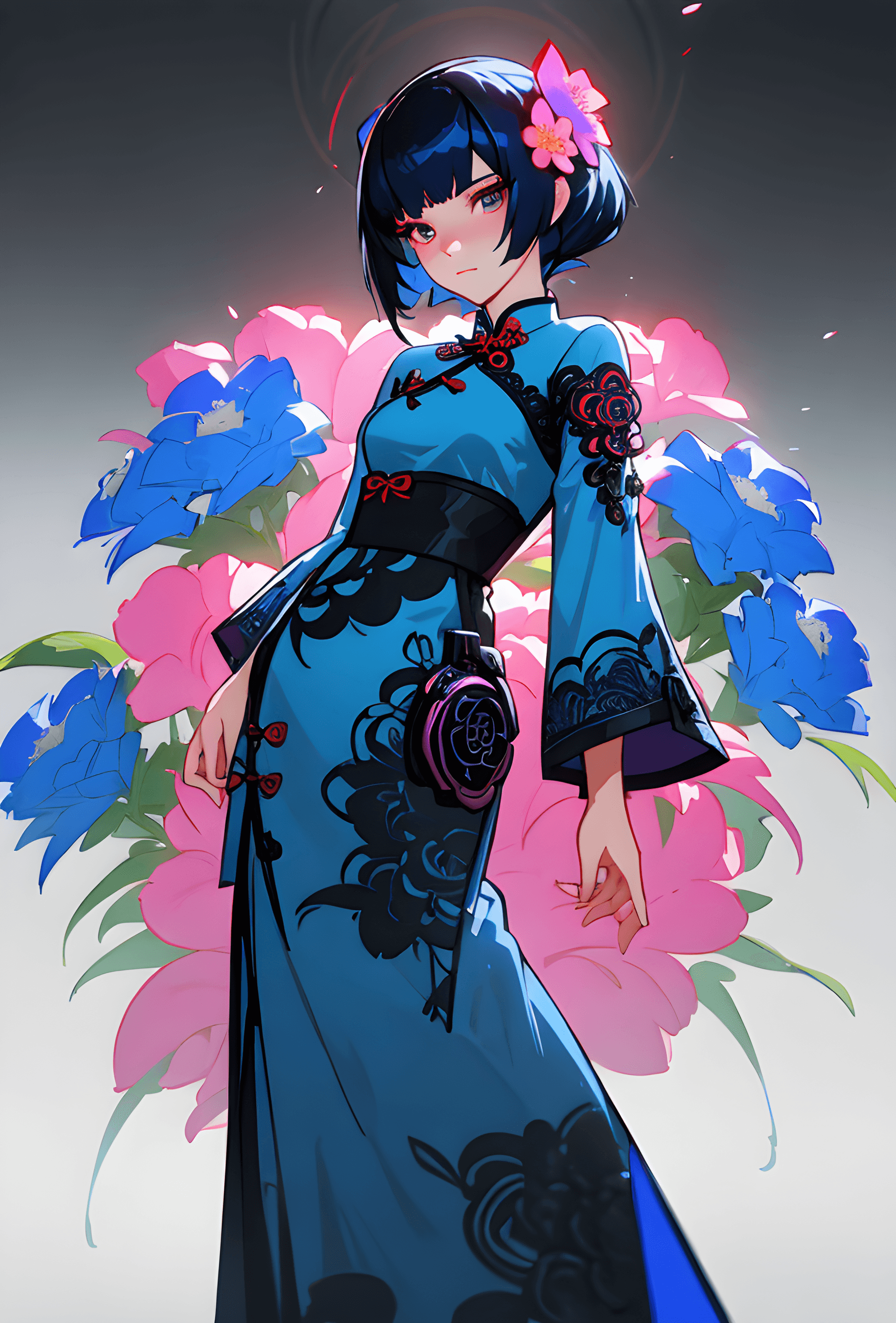 AI generated: a woman in a blue dress with flowers in her hair, cyberpunk art, by Yang J, pixar and ilya kuvshinov...