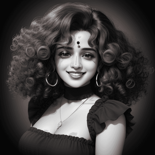 AI generated: woman smiling in black and white with curly hair, in the style of y2k aesthetic, indian pop culture,...