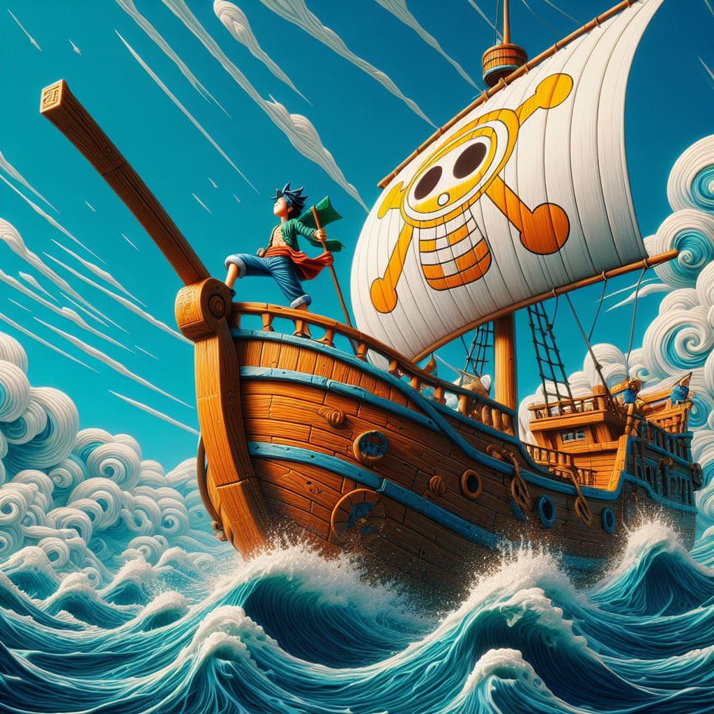 AI generated: Portada de Shanks, el personaje de One Piece, esta de espaldas en la proa de un barco de madera y ha...