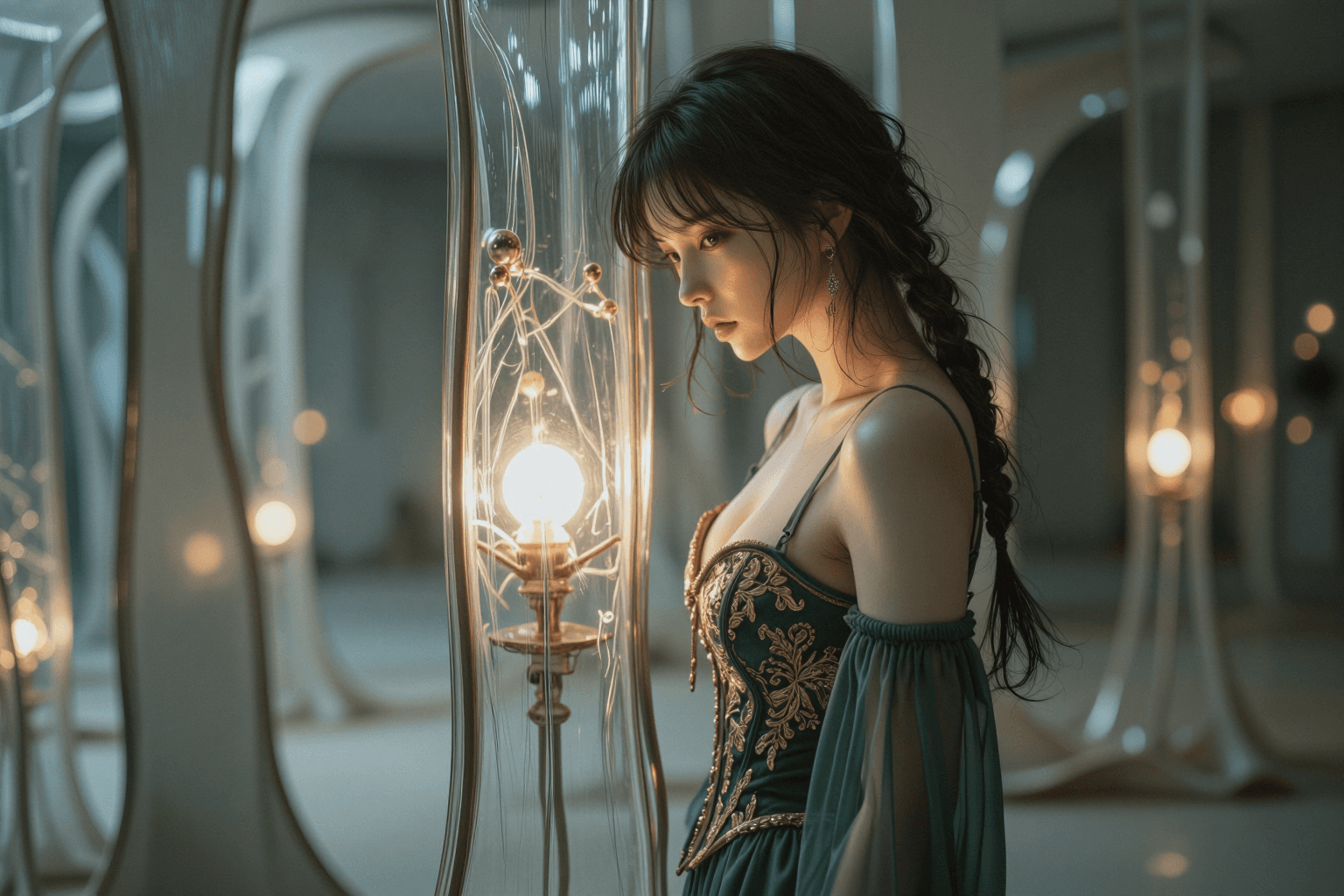 AI generated: The Molten Glass Labyrinth (Pensive & Side-Profile)
a. Shooting Angle & Pose: Full side-profile medi...