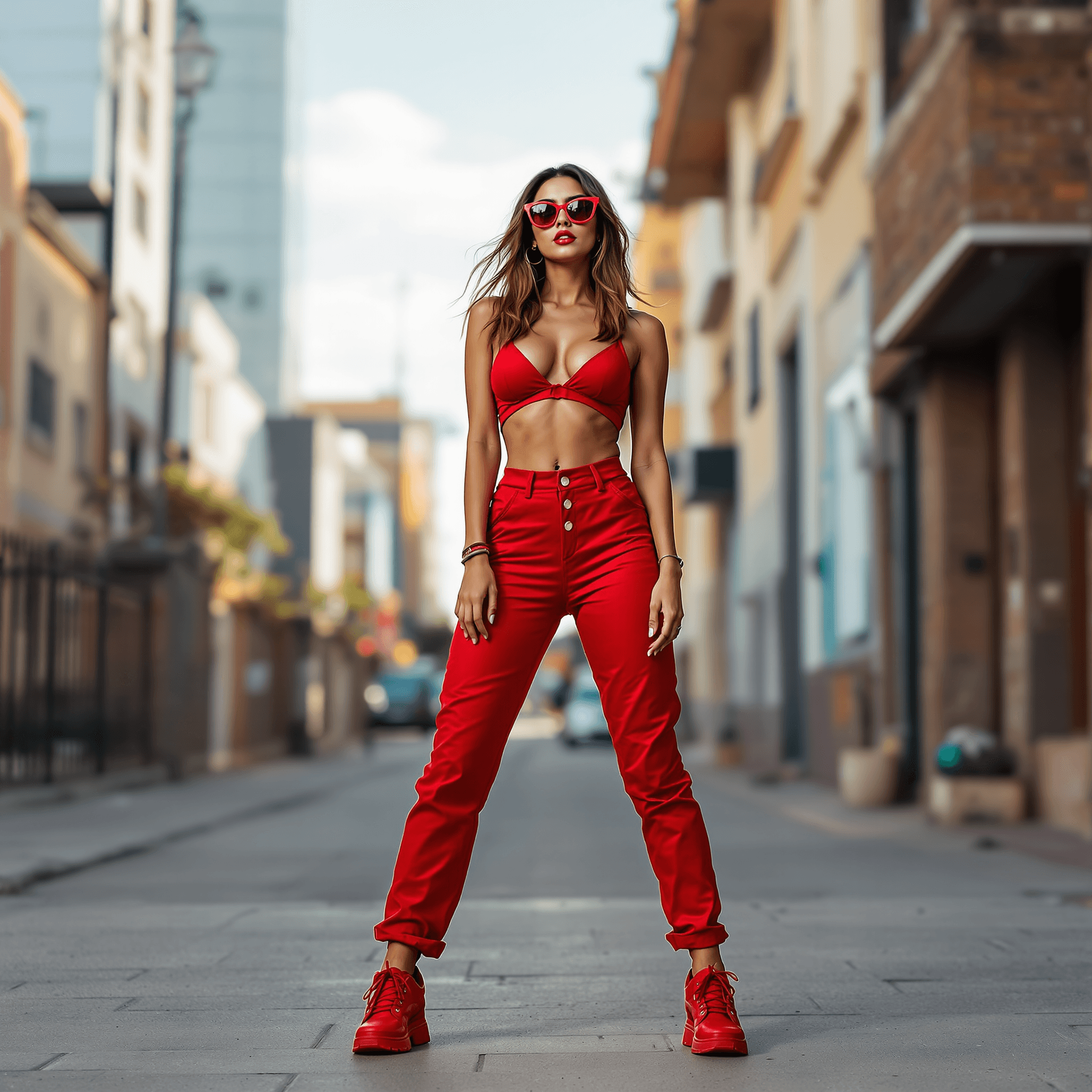 AI generated: latina female model with red urban clothes and red sunglasses, standing front, pose. looking to fron...