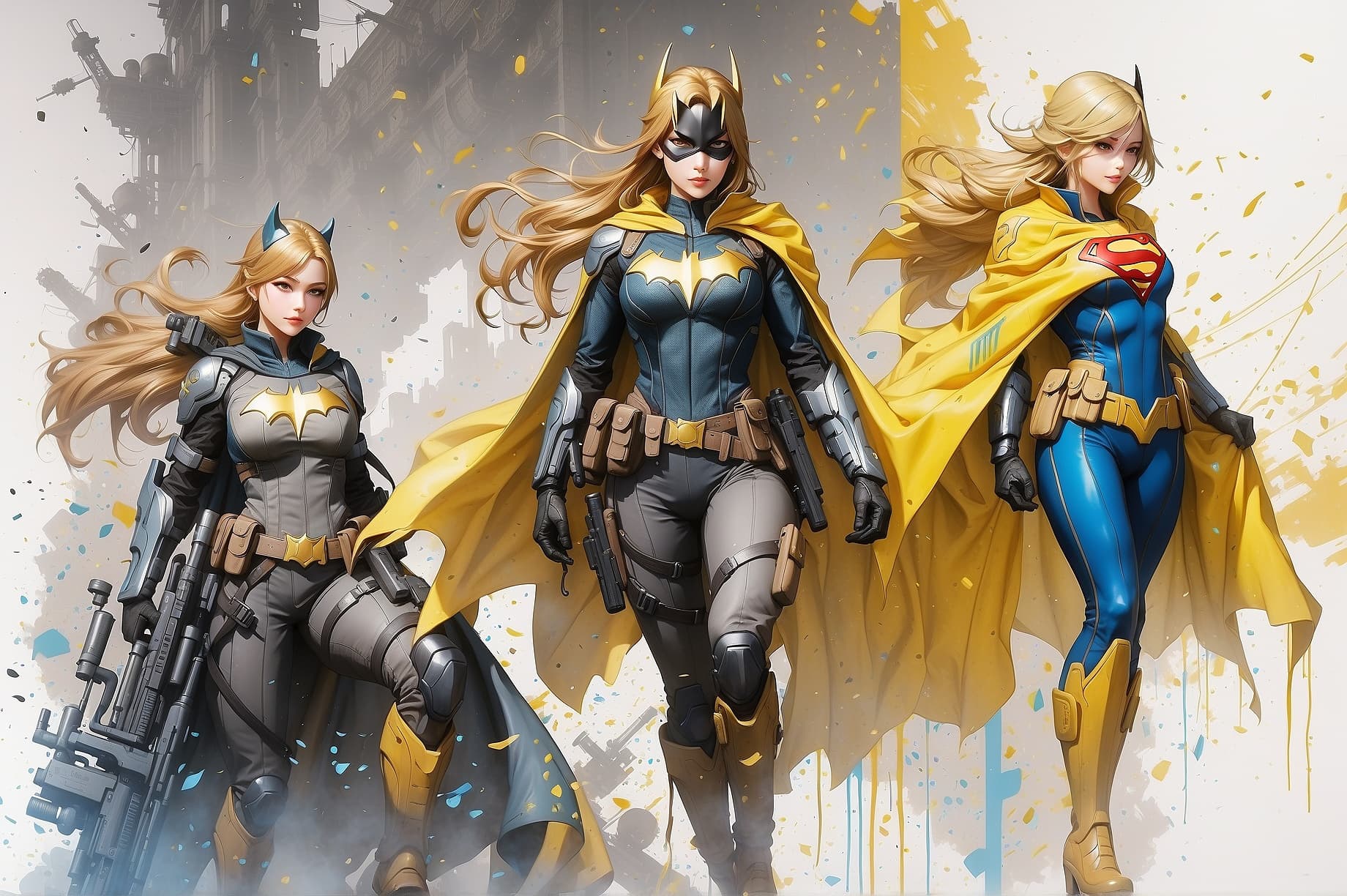 AI generated: a masterpiece, batgirl/supergirl from dc comic wearing alternate yellow costume, coy and alluring, f...