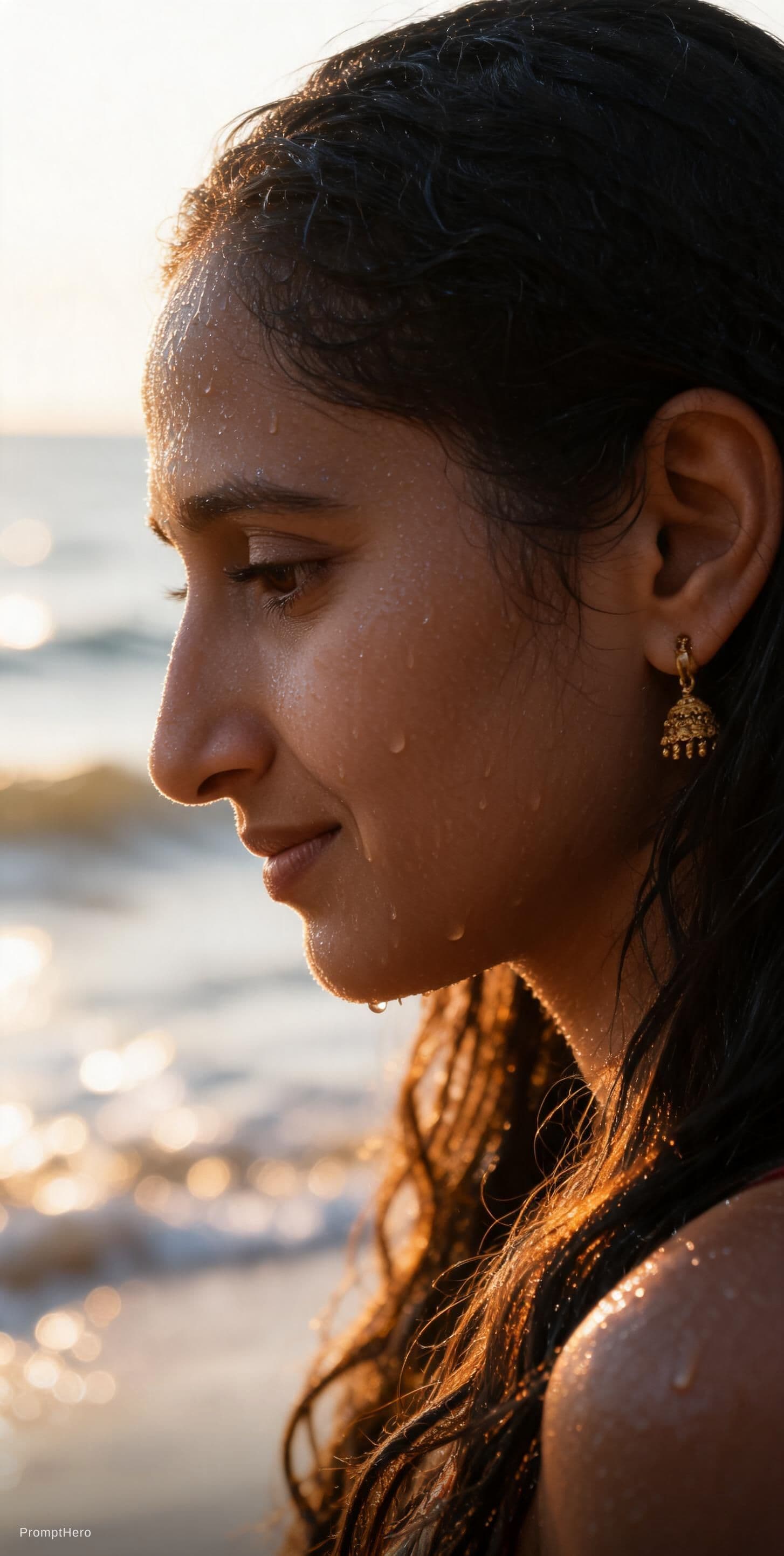 AI generated: A close-up, cinematic portrait of a woman's upper torso and lower face in profile, captured in warm,...