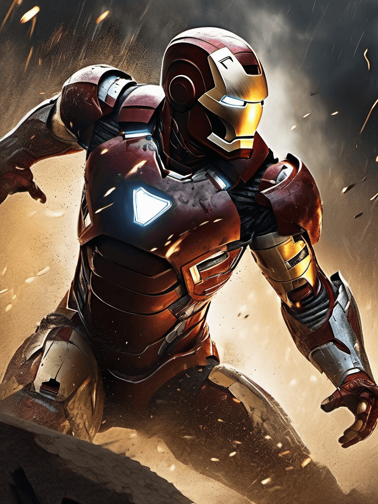 AI generated: close up of a (very damaged:1.1) brutal iron man in helmet, dynamic action pose, epic composition, a...