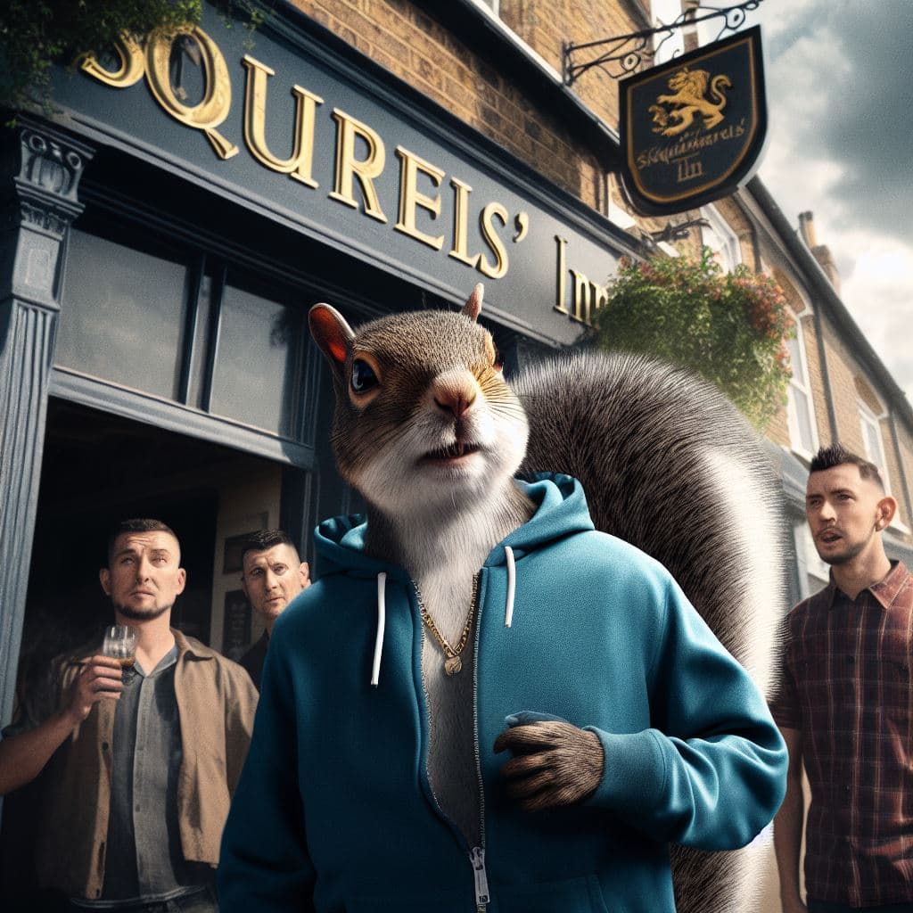 AI generated: (A half human half grey squirrel hybrid) dressed like a chav walking into a pub called 'Squirrels In...