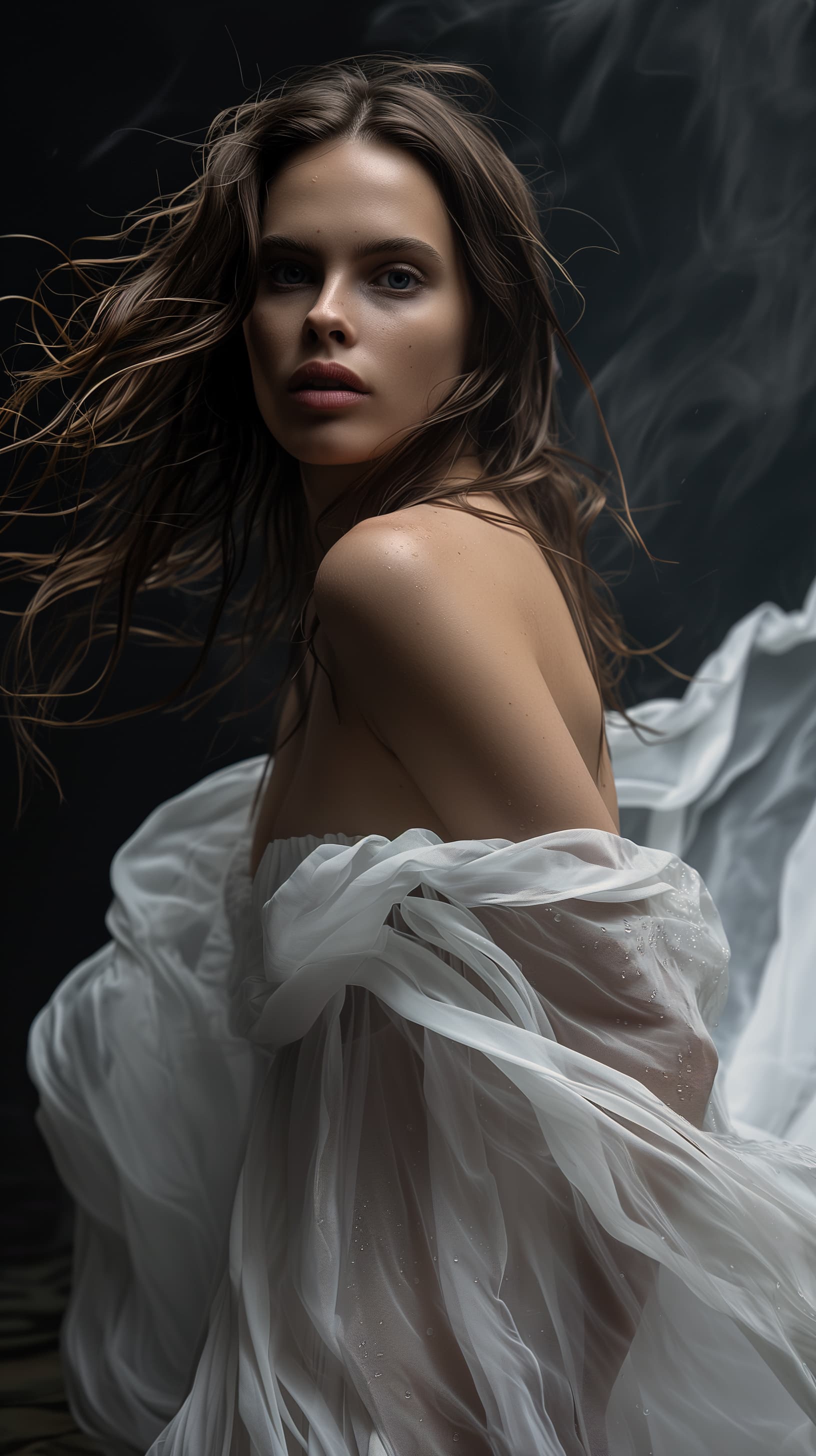 AI generated: portrait of a beautiful woman with mid-length brown hair posing for a professional fashion photoshoo...
