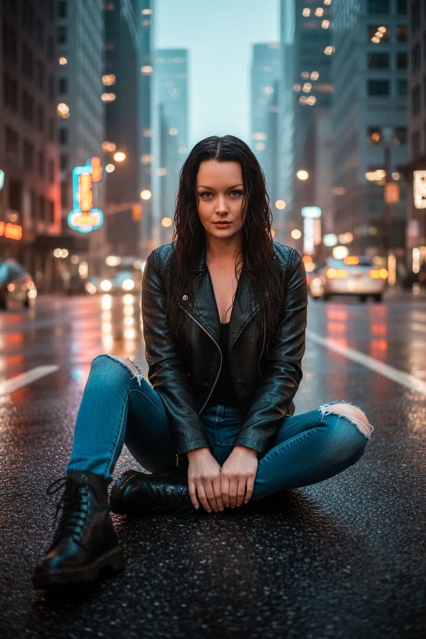 AI generated: A stunning woman with long, wavy black hair and piercing blue eyes sits confidently on a wet urban s...