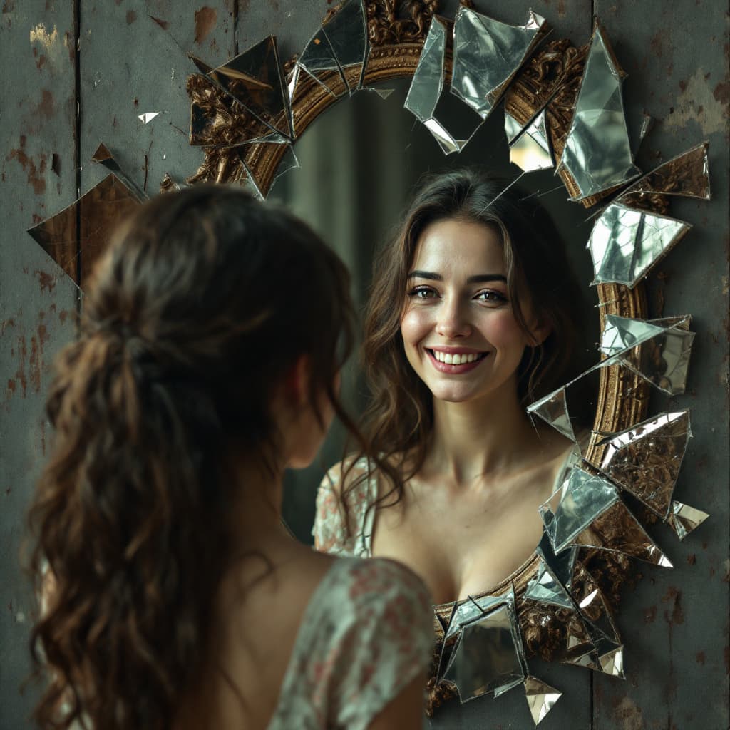 AI generated: a sad woman looking at herself in a very broken mirror, pieces of which have fallen out, her own smi...