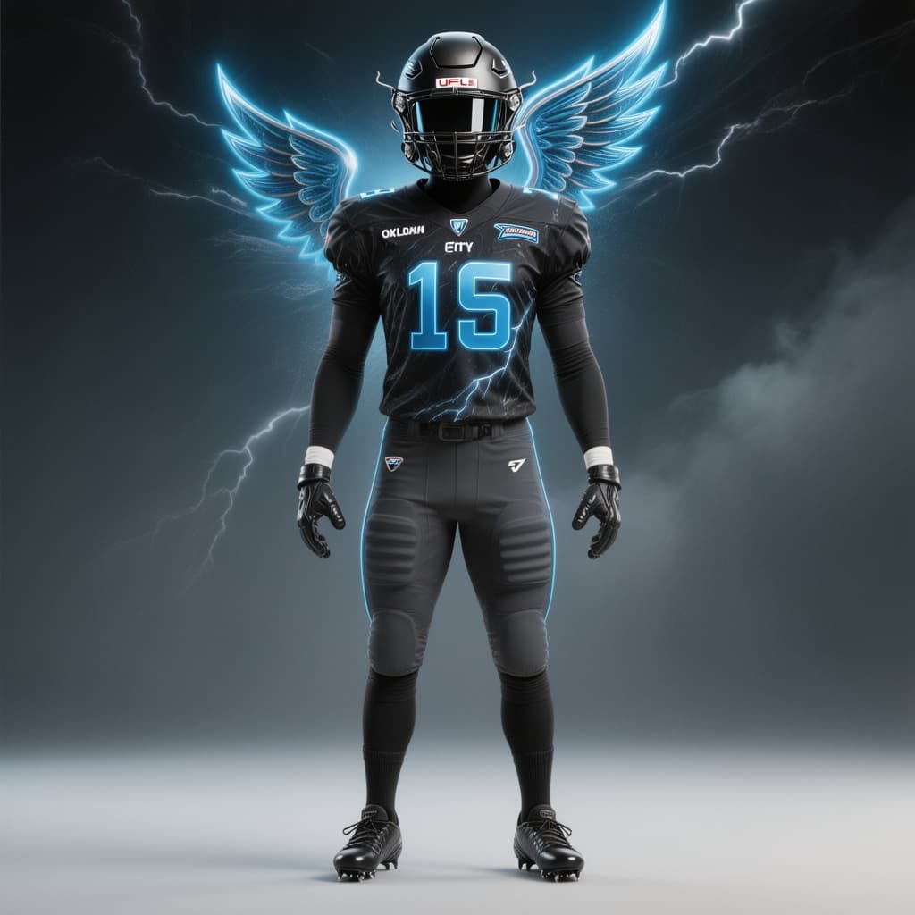 AI generated: A dramatic black alternate football uniform for the Oklahoma City Thunderhawks, displayed like a pre...