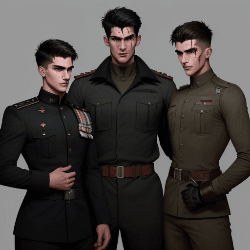 AI generated: Three young men.

Hazari – aged about 20
huge fist
tall, athletic, young soldier, dressed in militar...