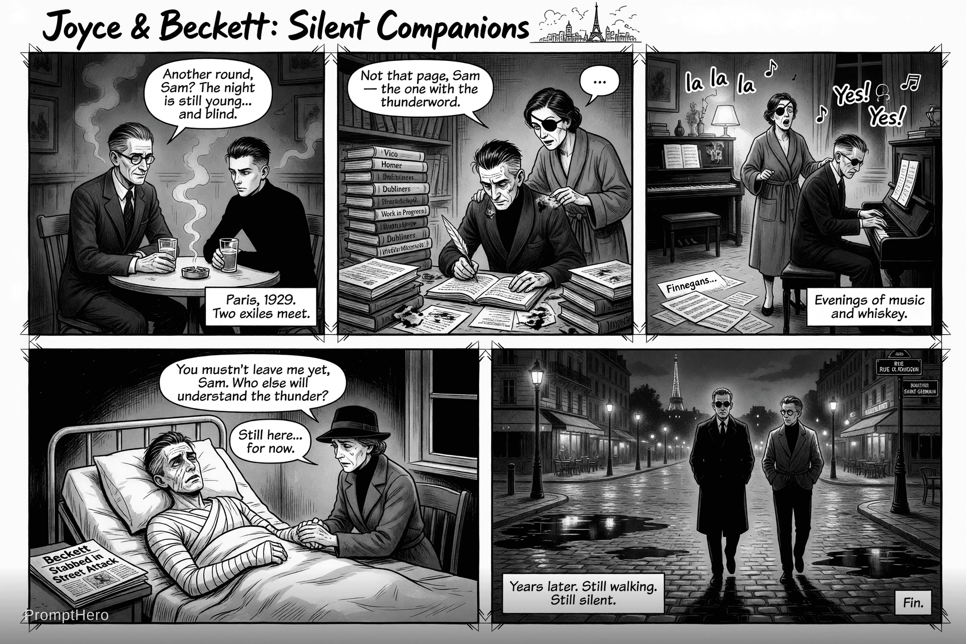 AI generated: Manga comic strip layout, 5 sequential panels, black and white ink style. The lifelong friendship be...