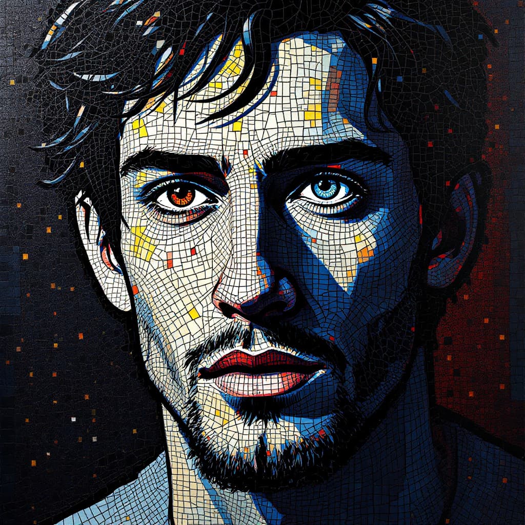 AI generated: illustration, art, man, face, gaze, mosaic, mondrian, consisting random colors, black outline, patte...