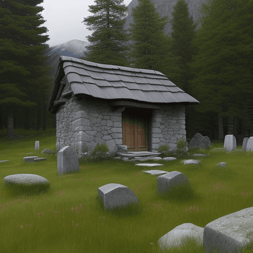 AI generated: a stone hut with a wooden roof in a meadow near the Alpine woods.
a windowless stone hut with a wood...