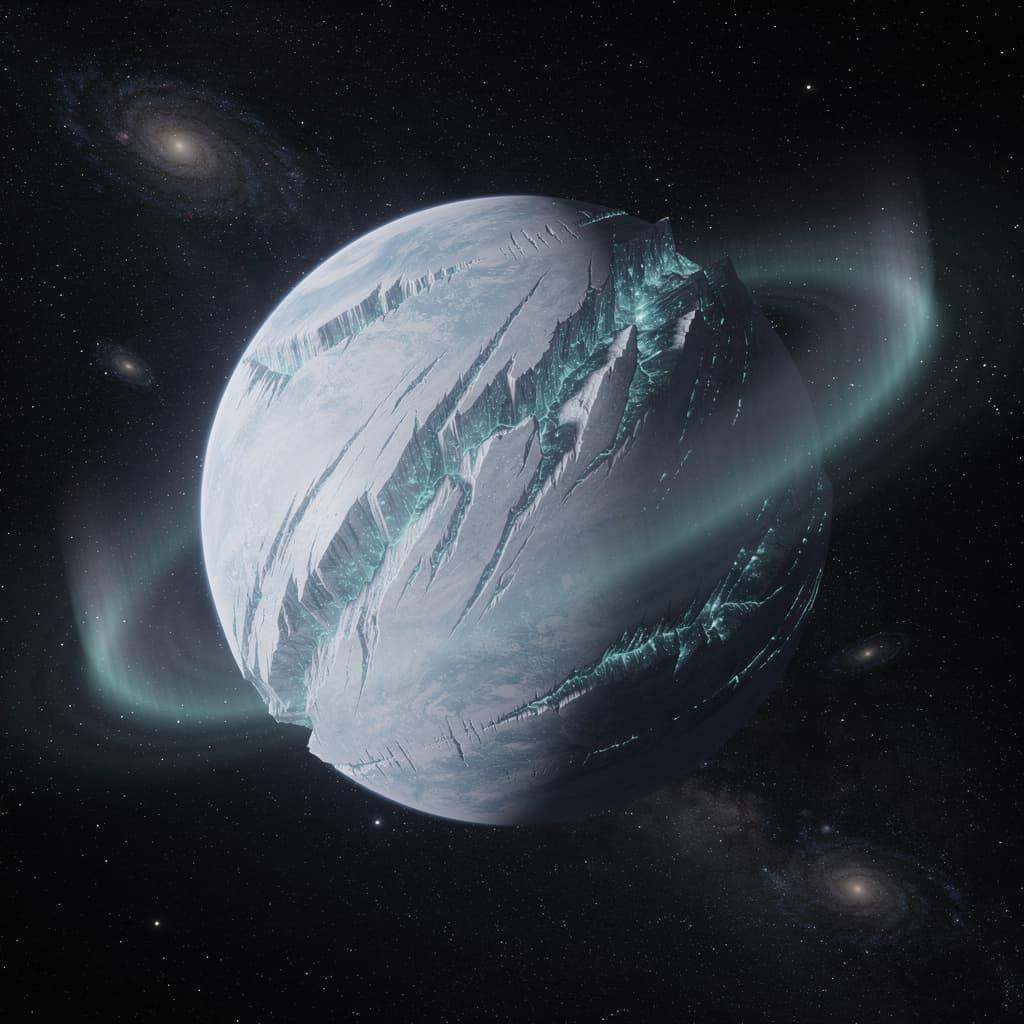 AI generated: Create a Sci-Fi image of a planet. A Rogue Ice World, Planet. Within the Void of Space.

Do not use ...