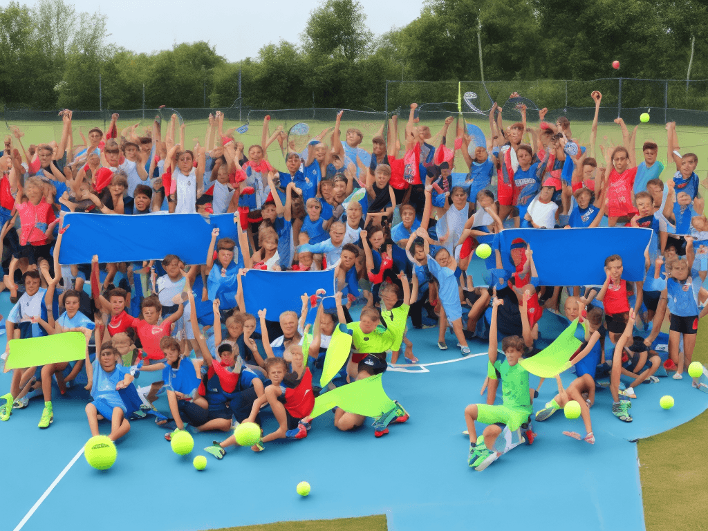 AI generated: banner summer camp happy kids tennis and windsurfing class
