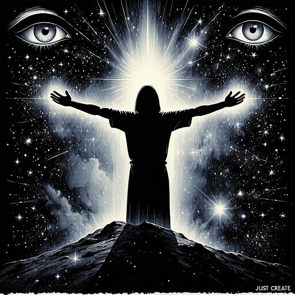 AI generated: A bold cosmic poster art, silhouette of a human floating in space with arms outstretched, glowing au...