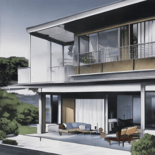 AI generated: Hyper realistic eye level exterior photo of a mid century modern style house overlooking the ocean, ...