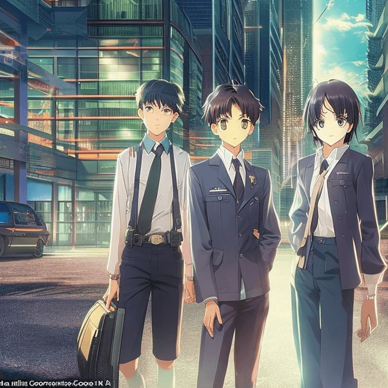 AI generated: {best quality}, two cool teens with their mature adult mentor of anime characters standing next to e...