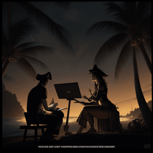 AI generated: photorealistic scene, (1 man 30 years old and 1 woman 25 years old), wearing  pirate clothing, worki...