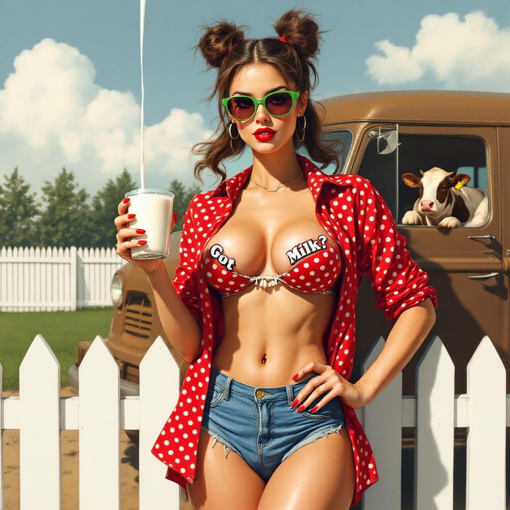AI generated: A gill Elvgren pinup illustration, A beautiful busty woman in a red polka dot mans shirt and blue de...