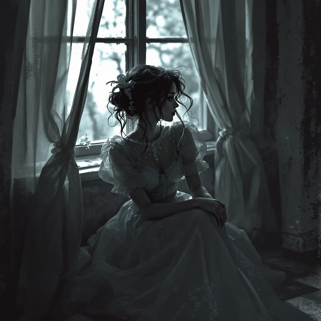 AI generated: A girl is sitting by the window.mystery and elegance, 