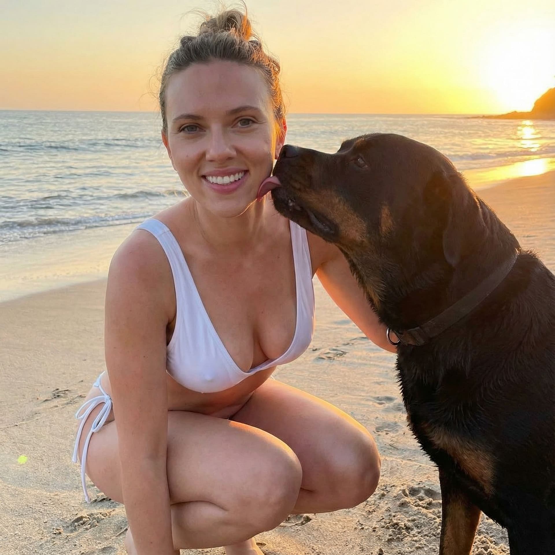 AI generated: sexy Scarlett Johansson with white wet mini bikini at the beach, squats at the beach with her rottwe...