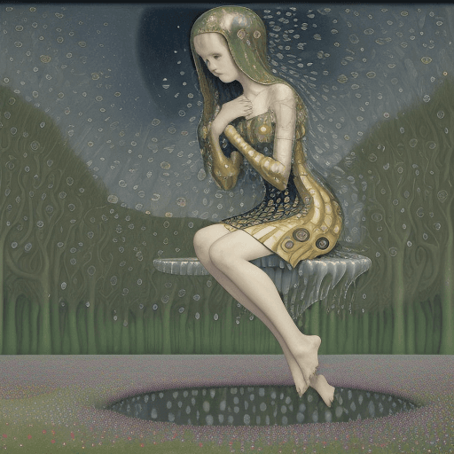 AI generated: ((Bosch)), Klimt and ((Bruegel)) style. Perfect profile  beautiful  sit down full body with a ((shor...