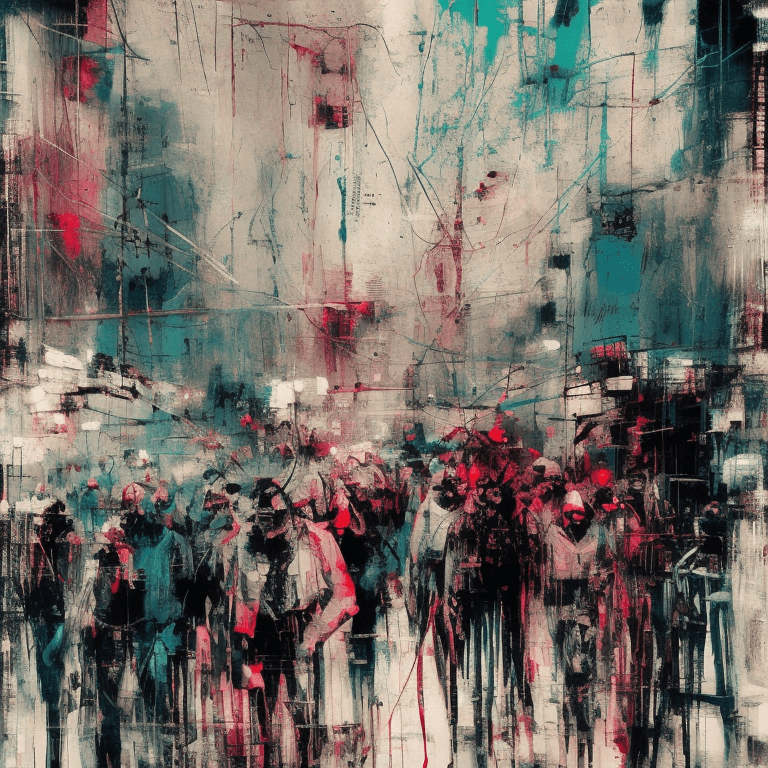 AI generated: abstract crowded streets illustration, glitch effects, fading, by Guy Denning, by Johannes Itten, by...