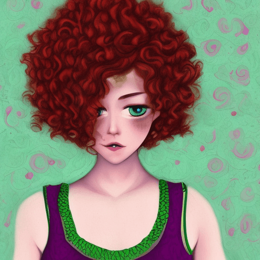 AI generated: red hair, purple eyes, curly hair, girl, european face, green dress, art