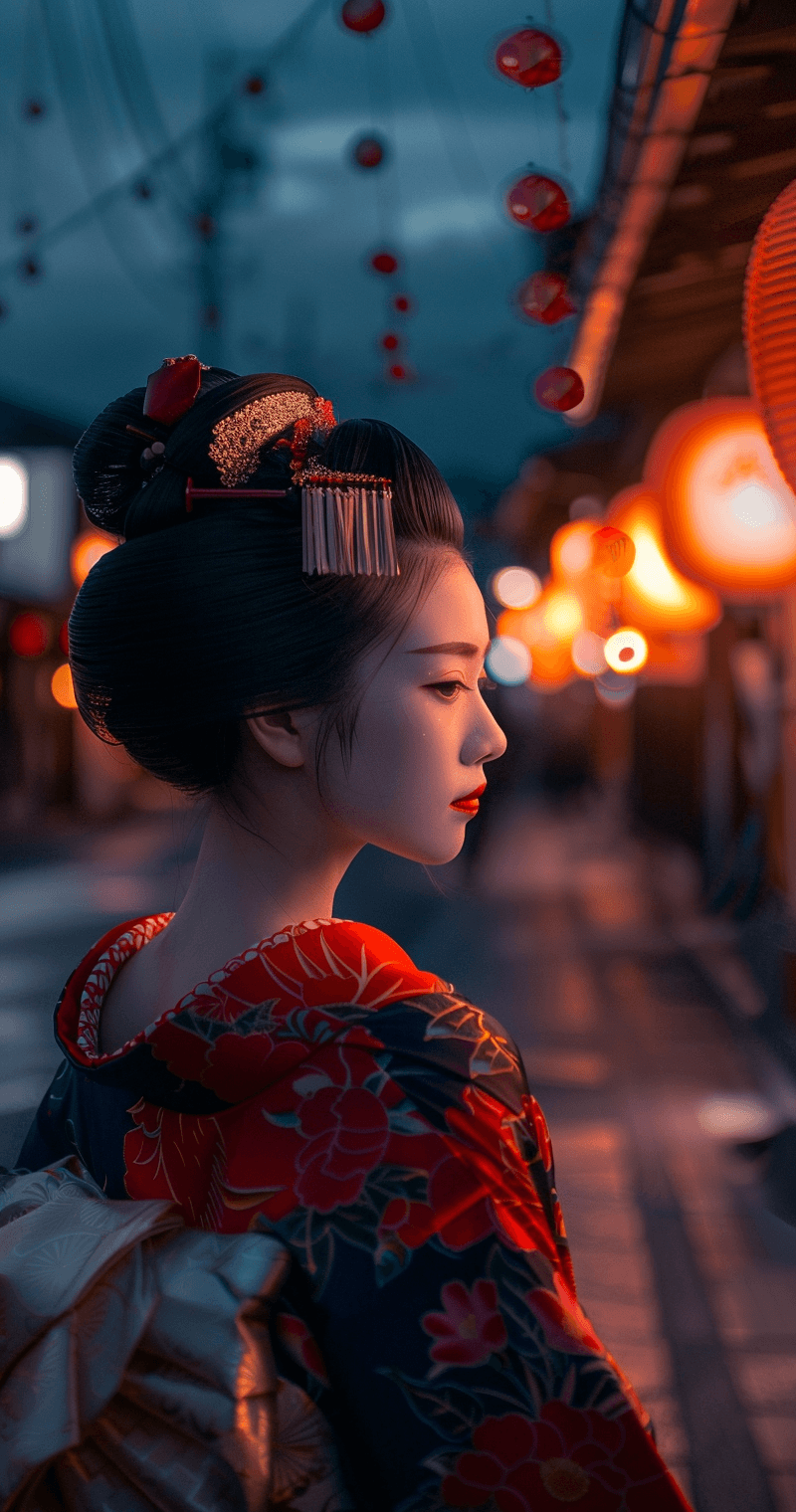 AI generated: ultra-realistic photo of a Japanese geisha on the streets of Kyoto, in the style of traditional Japa...