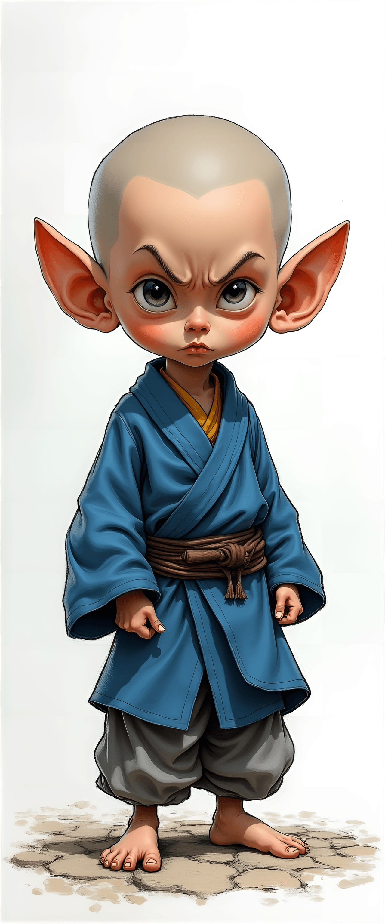 AI generated: funny caricature, mischievous young monk caricature, young asian male, 12 years old, shaved head, bi...