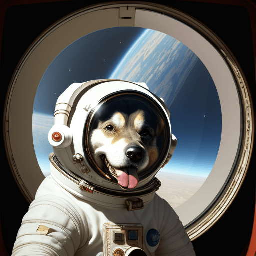 AI generated: kind smiling dog in the space suit with helmet steering the soviet space ship, looking out the round...