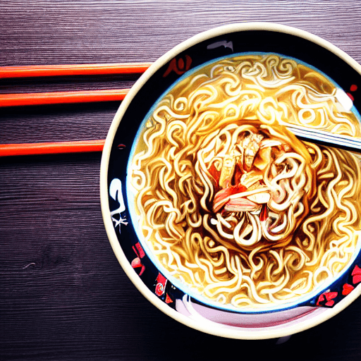 AI generated: Instant noodle, instant ramen, noodle, cup ramen, hot, streaming, chopsticks, food in a bowl on a ta...