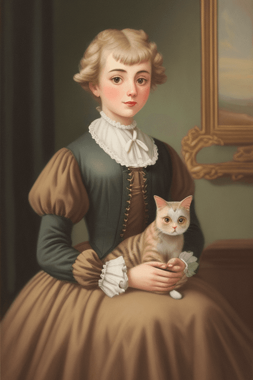 AI generated: Vintage oil painting style, a cat wearing 18th century style clothing
