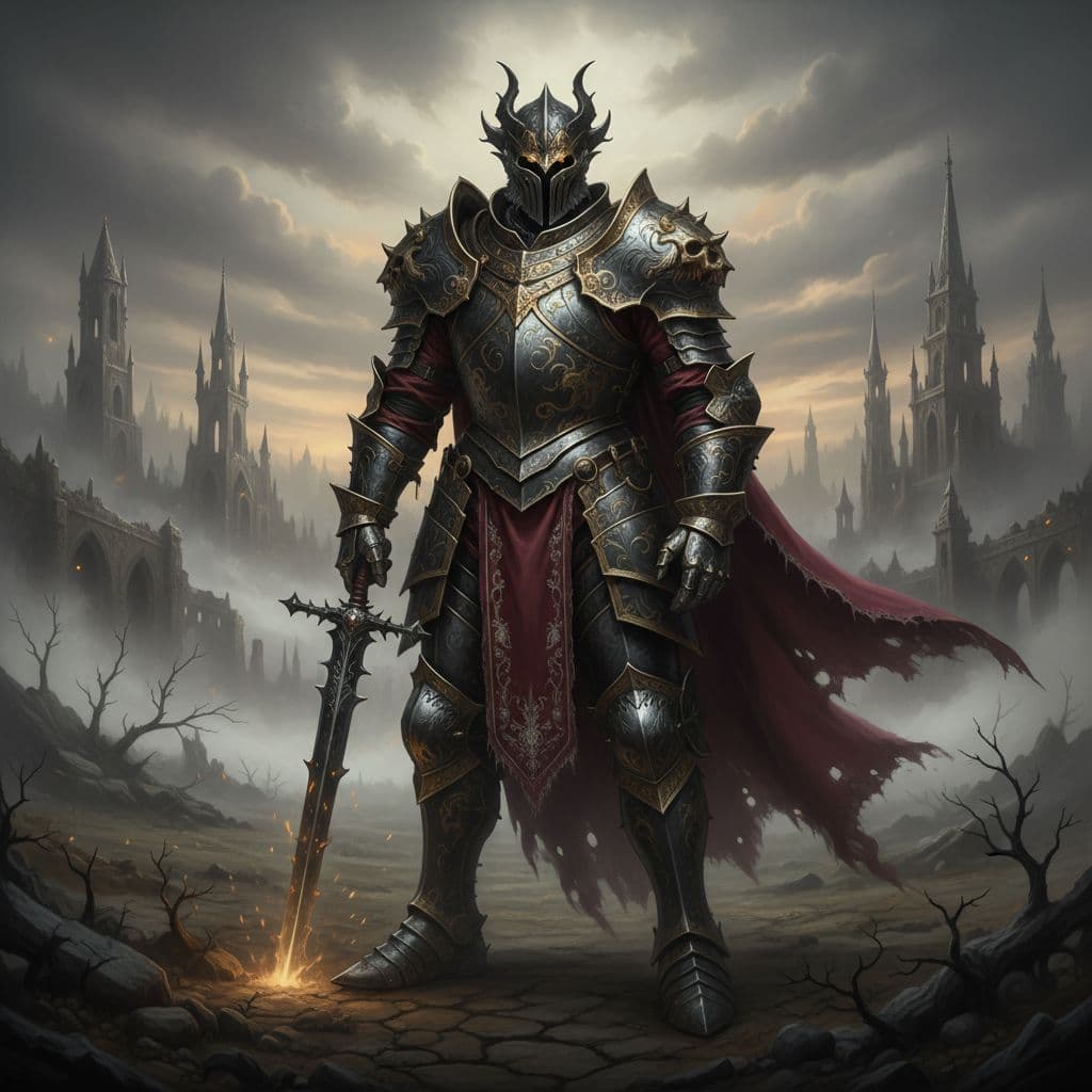 AI generated: A dark fantasy knight in an ornate, medieval-inspired armor with baroque and gothic influences. The ...