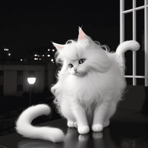 AI generated: cat angora mojado  bicolor blanco y negro en un edificio de noche 