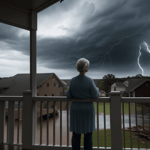 AI generated: granny standing on porch looking out at building storm clouds, heavy rain, tornado, heavy wind, debr...
