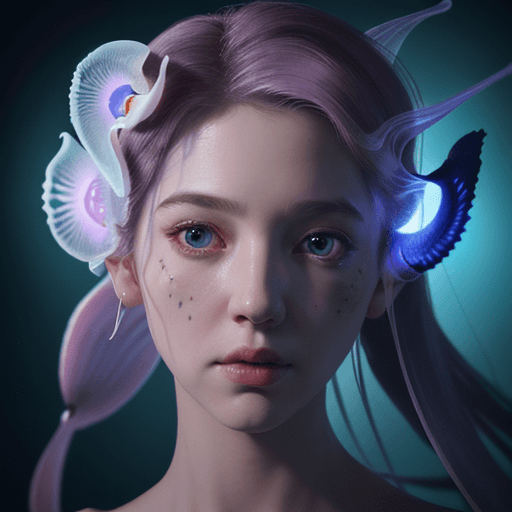 AI generated: Goddess close-up portrait ribcagel. jellyfish phoenix head, nautilus, orchid, skull, betta fish, bio...