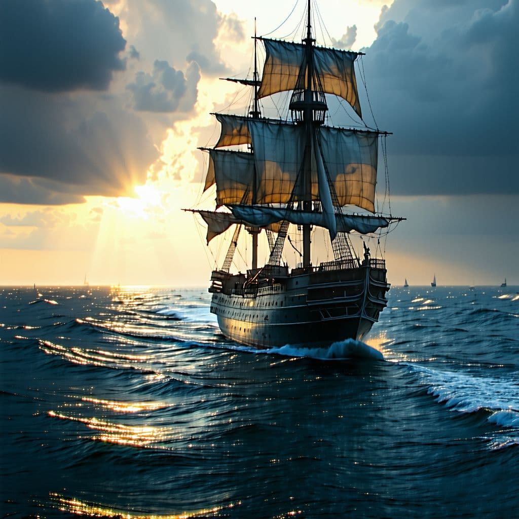 AI generated: Photo of a ultra realistic sailing ship, dramatic light, pale sunrise, cinematic lighting, battered,...