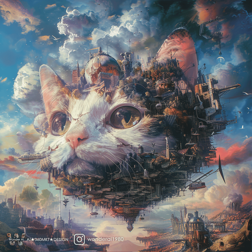 AI generated: a broken cute cat head with different landscapes around it, in the style of de.tailed skies, photore...